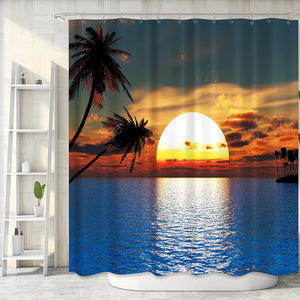 Riyidecor Hawaiian Sunrise Shower Curtain Ocean Beach Island Seaside Landscape Tropical Palm Tree Scenic Sunset Summer Bathroom Home Decor Set Waterproof Polyester 72X72 Inch 12 Pack Plastic Hooks